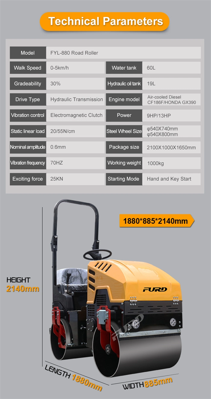 Hydraulic Steering 1 Ton Road Roller Machine Compactor Asphalt Road Roller Fyl-880